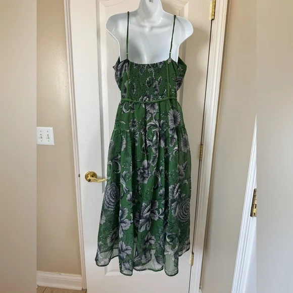 Large Anthropologie Penny Green Floral V-neck Midi Dress - Picture 8 of 10